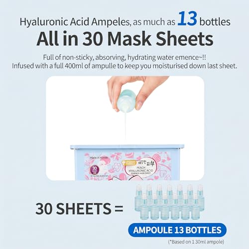 Image of esfolio Made in Korea Pure Skin Facial Mask Sheet, 30 Sheets - Peach Hyaluronic Hydrating Face Mask for Smooth, Soft, and Supple Looking Skin - Korean Skincare Daily Sheet Mask Pack