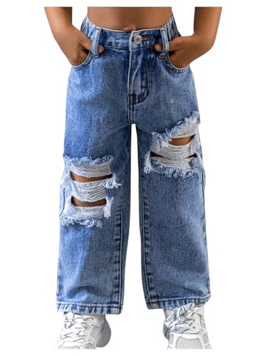 WDIRARA Toddler Girl's Ripped Straight Leg Crop Jeans Elastic Waist Denim Pants with Pockets