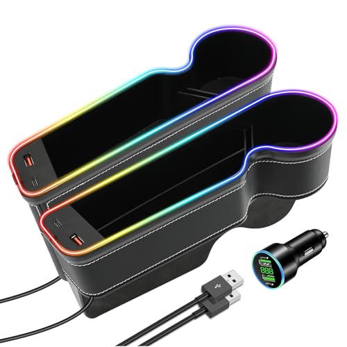 7 Colors LED Car Seat Gap Organizer Front Seat Organizer with 56W Fast Charger Center Console Gap Filler with USB Type C Charging Car Organizer with Cup Holder,LED Auto Interior Accessories (Black)