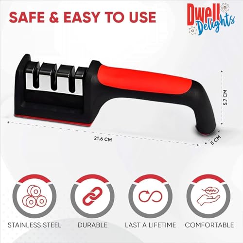 Image of Manual Knife Sharpener Tool with 3-Stage System | Kitchen Knife Sharpener for Home Use | Blade Sharpener for Steel & Ceramic | Ultra Strong Safe & Easy Knife Sharpner Machine Top Grain