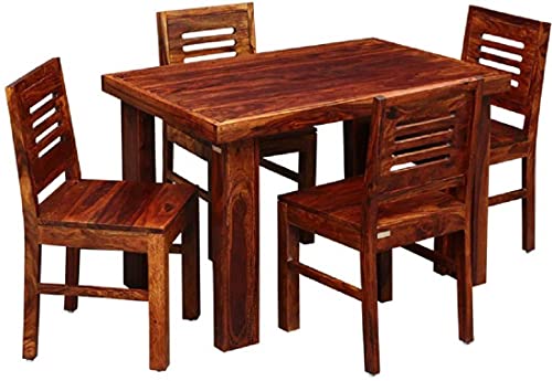 Image of Sheesham Wood 4 Seater Dining Table Set for Home Hall || Solid Wood Dining Table with 4 Chairs for Hotels || Dining Room Sets - Honey Finish