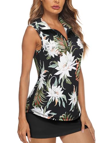 Image of Koscacy Women's Sleeveless Golf Tennis Polo Shirts Zip Up Dry Fit Workout Tank Tops Athletic Shirt