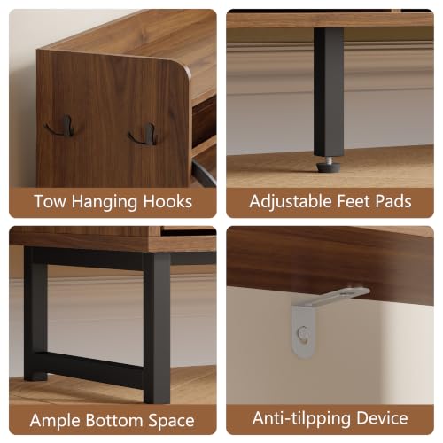 Image of Xixini Shoe Storage Cabinet with 6 Flip Drawers, Entryway Shoe Rack, Walnut | Freestanding Narrow Shoe Storage, Hidden Slim Wood Shoe Organizer, Modern Farmhouse, Open Storage & Hooks for Closet, Hallway