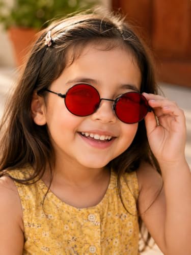 Image of BookMyCostume Kids Round Red Sunglasses - Circular Sunshades for Boys and Girls - Fashion Summer Outdoor Eyewear Accessory for Birthday, Photo Shoots, and Fancy Dress | Aged 2 to 8 Years