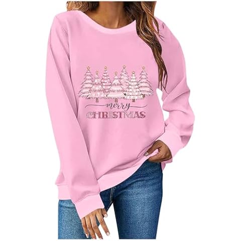 DOLKFU christmas shirt funny Womens Christmas Sweatshirts Funny Christmas Tree Pullover Long Sleeve Crewneck Cute Xmas Holiday Shirts merry christmas shirts for women Pink XXL Cover
