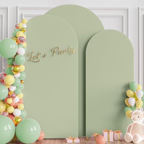 Image of Wokceer Wedding Arch Backdrop Cover 7.2FT, 6.6FT, 6FT Set of 3 Spandex Fitted Sage Green Arch Covers for Round Top Chiara Arch Backdrop Stands Cover for Birthday Party Ceremony Decor