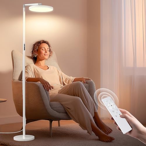Light Floor Lamp 12000 Lux – UV-Free Full Spectrum LED Floor Lamp with 10 Brightness Levels, 5 Color Modes, 2 Setup Options, Adjustable Height, Remote & Timer for Reading, Bedroom, Office (White)