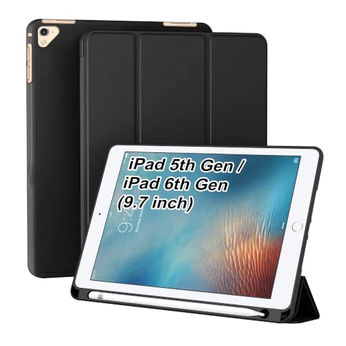 Image of CEDO Smart Case for iPad 5 (5th Gen) / iPad 6 (6th Gen) 9.7 in Tri-Fold Flip Folio Cover | Pencil Holder | Auto Wake-Up /Sleep Mode | Multi View Angles Stand TPU Backcover (Black)