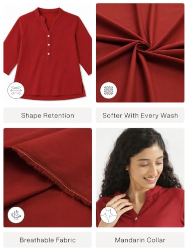 Image of SAADAA Women Short Kurti Airy Linen Regular Fit Kurta with 3 /4th Sleeves, Mandarin Collar, Side Slit Perfect for Casual, Formal, and Ethnic Wear