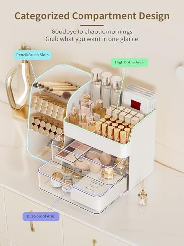 Image of Booklov Makeup Organizer for Vanity, Countertop Cosmetic Display Case with Clear Acrylic Drawers, Bathroom Counter Beauty Caddy, Cute Table Storage Holder for Skincare, Brush Lipsticks, Crystal White