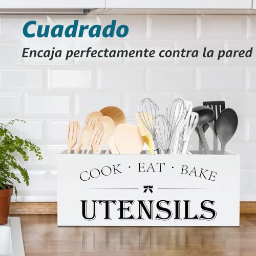 Miniatura 5 de Suli Soporte Extragrande Para Utensilios Con 4 Compartimentos, Organizador De Utensilios De Madera Para Encimera, Decoración De Cocina De Granja, Utensilios De Cocina Rústicos, Color Blanco