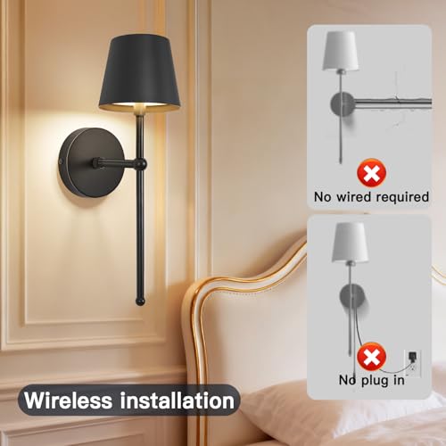 Image of TaoFiaCo Battery Operated Wall Sconces Set of 2,Wireless Wall Sconce Black | 5200mAh Rechargeable, Remote, Timer, Dimmable, Cordless Wall Light for Bedroom Living Room, Hallway, Light Decor