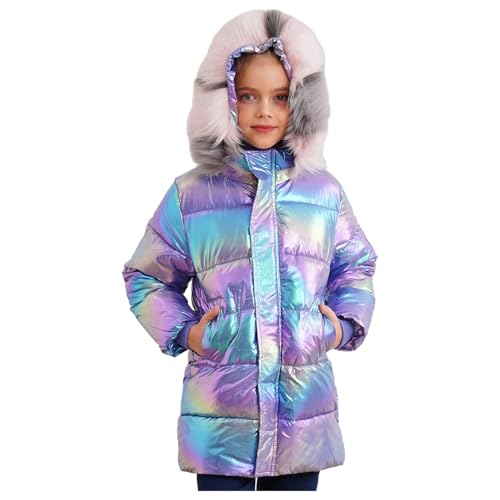 Kids Girls Shiny Medium Long Hooded Puffer Jacket Glitter Metallic Warm Lightweight Winter Coat 5-16 Y
