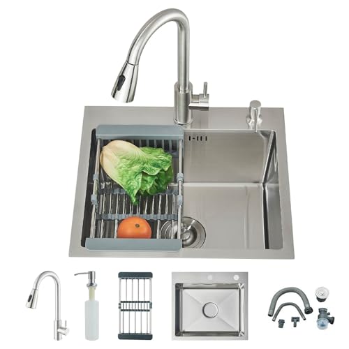 Lista de fregaderos de cocinas super ventas 1 TVTIUO Fregadero de cocina, Fregadero de Cocina Multifuncional con Grifo Extraíble y Dispensador de Jabón, Acabado Cepillado (50 x 45 cm)