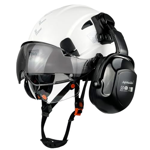 SAFEBUILDER Construction Safety Helmet with Visors Clear & Tinted Earmuffs Hearing Protection Industrial Work Hard Hat for Engineer (White Helmet with Clear & Tinted Visor & Earmuffs)