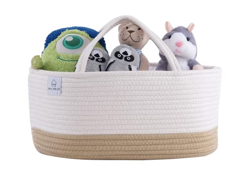Mila Millie Baby Large Cotton Rope Diaper Caddy | Organizer Storage Bin For Nursery Essentials | Portable Bag For Changing Table And Car | 100% Natural Cotton | Eco Friendly (White & Biege) 15.5X10X7 Inch (Pack Of 1) #TOP2