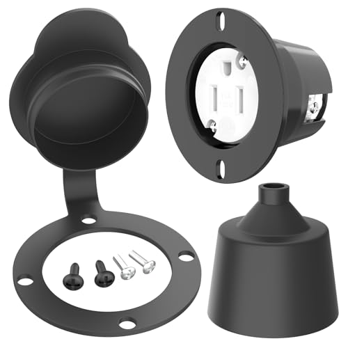 Image of RV Flanged Outlet with 15 Amp 120-125 Volt, Round Waterproof Cover, 2 Pole-3 Wire, NEMA 5-15 Truck Bed Outlet Commercial and Industrial Grade