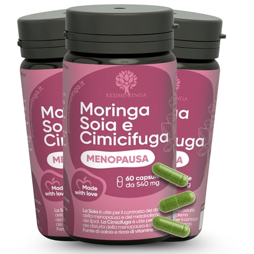 Integratore Cimicifuga Menopausa con Moringa BIO e Estrogeni Naturali contro le Vampate di Calore | Formula Menopausa Avanzata | Isoflavoni di Soia, B12, D3, B6, Salvia | 180 Capsule Veg. - RedMoringa