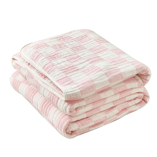 Image of SANACYNA 100% Cotton Muslin Throw Blanket 6-Layer Gauze Pink Checkered Bed Blanket Lightweight Soft Breathable Cooling Blanket for Sofa Couch Both Sides (Pink Checkerboard, Throw 50 inchx60 inch)