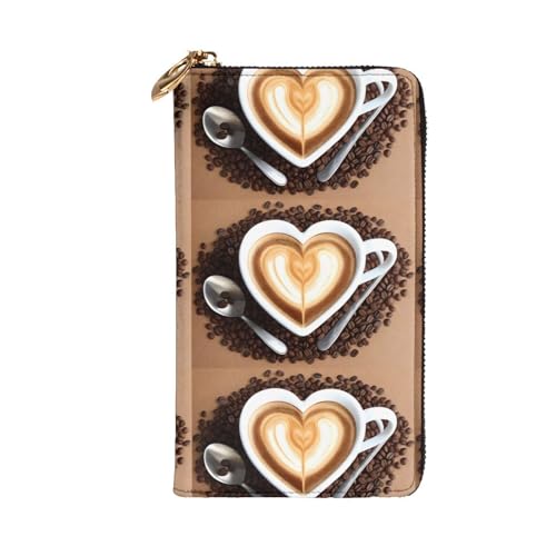 Coffee with Heart Pattern Picture Leather Long Clutch Wallet for Fashionable Girls and Women - Durable, Stylish, and Functional, Black, One Size2