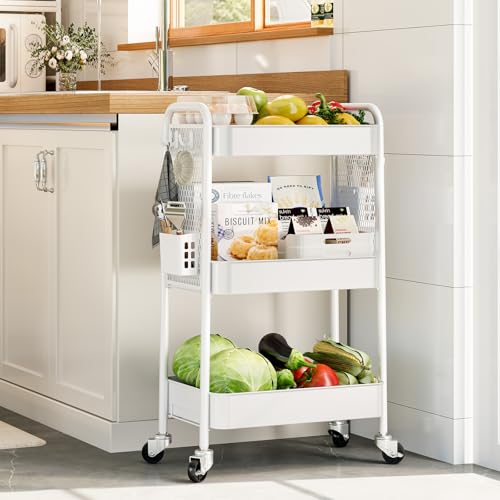 Miniatura 9 de Urackify Carrito De Almacenamiento Utilitario Para Diversas Aplicaciones Carrito Rodante De Metal De 3 Niveles Con Tableros De Clavijas, Cestas Y Ganchos Para Almacenamiento Adicional En Cocina,