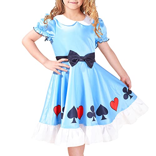 Sunny Fashion Girls Dress Blue Poker Cards Bow Collar Puffy Sleeve Swing