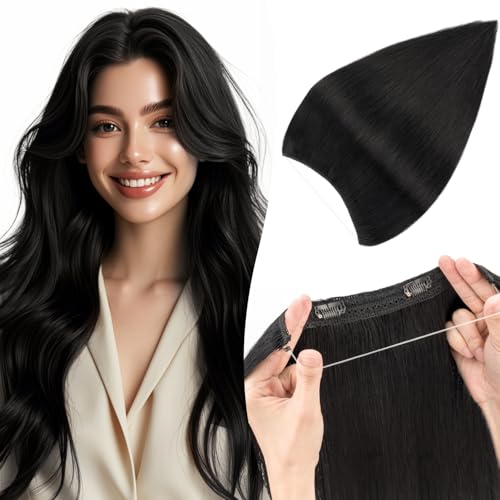 TESSHAIR Halo Hair Extensions Straight, 100% Real Human Hair, Invisible Wire Extensions for Women,65,18 Inch,#01 Jet Black