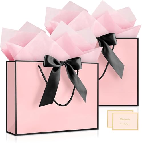 Image of JMANNI Mothers Day Gift Bags with Handles, 13 inch Medium Gift Bag for Presents, 2 Pcs Bags with 4 Tissue Paper and 2 Cards for Baby Shower Wedding Bridal Shower Mother's Day Birthday Party(Black-Pink)