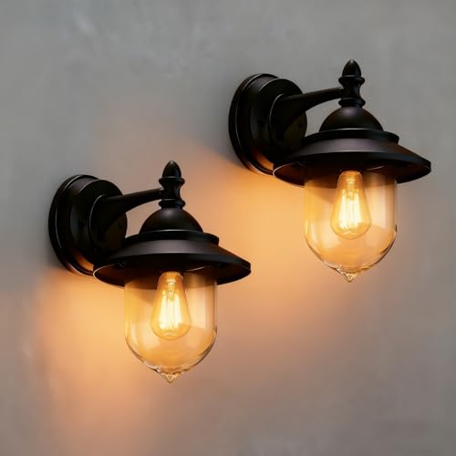 EBION 2 Pezzi Applique Da Esterno E27, Lampada Vintage, Lampade IP44 Impermeabile Lanterna Alluminio Lanterne Lampioni Da Giardino Da Esterno Parete,Max 15w, Nero(Lampadina Non Inclusa)