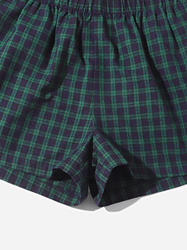 Verdusa Women's Knot Bow Plaid Print Elastic Waist Pajama Bottom Lounge Short Green Navy L #TOP3