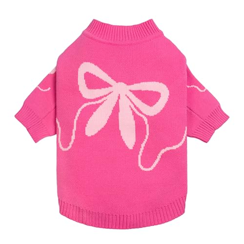 Image of Fitwarm Bowknot Valentine's Dog Sweater, Thermal Winter Clothes for Small Dogs, Charming Valentine's Outfit, Dog Pullover Jumper, Holiday Pet Apparel, Pink, Medium