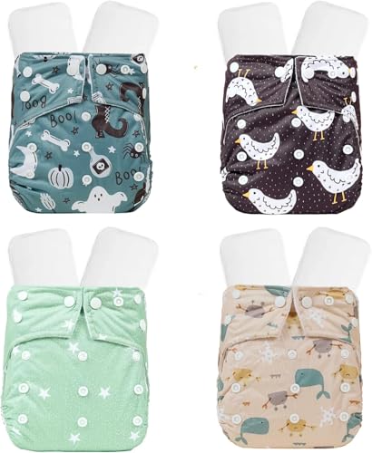 KaWaii Baby 4 One Size Pocket Cloth Diapers with 8 Super Absorbent Stay-Dry Inserts, Unisex Spooky Halloween LeakFree Reusable Nappies Newborn to Potty Training