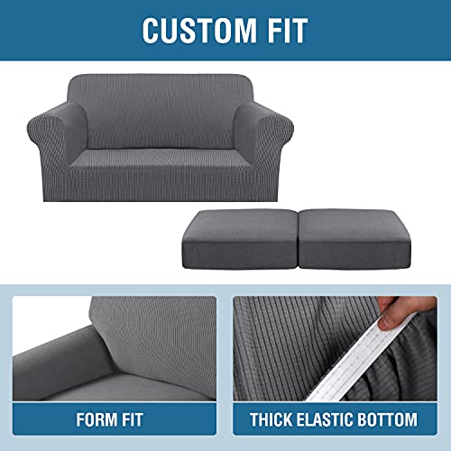 H.VERSAILTEX 3 Piece Stretch Sofa Covers for 2 Cushion Loveseat Couch Covers for Living Room Furniture Cover (Base Cover Plus 2 Seat Cushion Covers) Thicker Jacquard Fabric(Medium Sofa, Grey) - Image 5