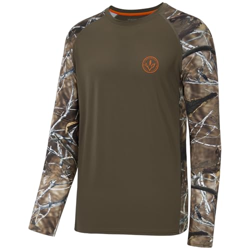 BASSDASH Men’s Lightweight Camo Hunting Shirt UPF 50+ Sun Protection Long Sleeve Hiking Fishing Performance Tee Mesh Panels