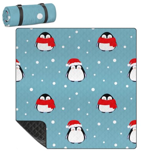 Shimoshe Extra Large Picnic Blankets 79”x 79”, Snowflake Christmas Penguin Waterproof Foldable Picnic Mat with Straps Portable Beach Blanket for Camping Park Grass Beach Indoor