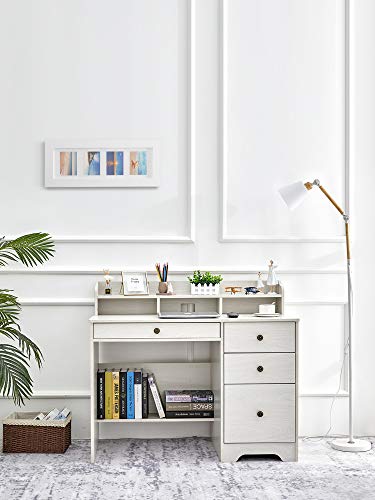 Kealive Computer Desk with 4 Drawers and Hutch Shelf, Wood Frame Home Office Desk with Spacious Desktop, Vintage Style Writing Study Table PC Laptop Notebook Desk, White Oak
