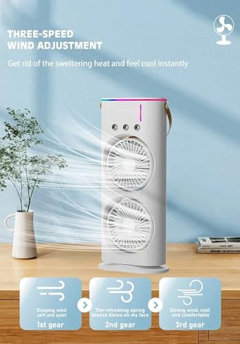 Image of Casaquin Ac Mini Cooler Fan for Room Cooling, Portable USB, 3-Mode with LED Light, Humidity Control, Aroma Diffuser Function, 3 Spray Modes for Office,Home,Dorm,Travel (Double Mist Sprey Fan)