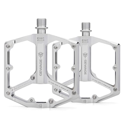 Road/Mountain Bike Pedals - 3 Bearings Bicycle Pedals - 9/16” CNC Machined Flat Pedals with Removable Anti-Skid Nails (Silver) by GEWAGE - Used condition - US$17.17