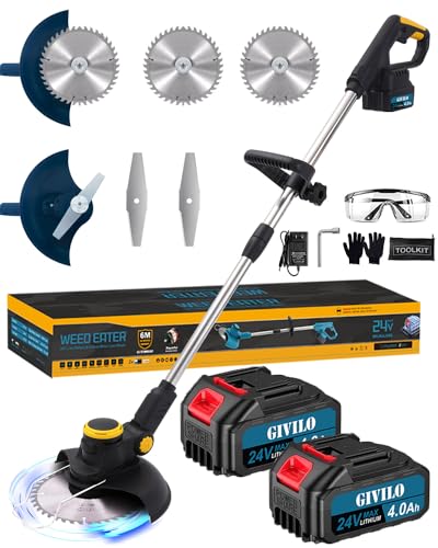 Electric Weed Cordless Eater, 24V Weed Wacker Battery Operated, Stringless Brush Cutter with 2X 4.0 Ah Battery and Charger, Lightweight Grass Trimmer with 2 Types Blades for Yard Garden