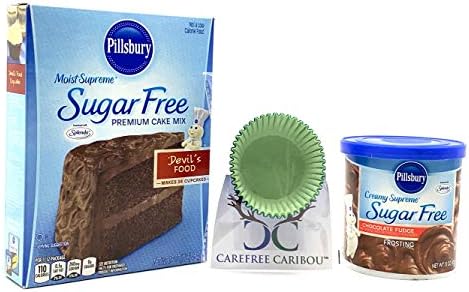 Carefree Caribou Sugar Free Layer Cake / Cupcake Mix Bundle (3 items) - Pillsbury Chocolate Devil's Food Sugar Free Cake Mix, Pillsbury Chocolate Fudge Sugar Free Frosting & 25 Carefree Caribou Paper