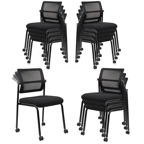 Image of CLATINA Stacking Armless Office Chair with Wheels, Stackable Mesh Guest Reception Desk Chairs with Adjustable Backrest for Waiting Room Conference Lobby Side School, Black, 12 Pack