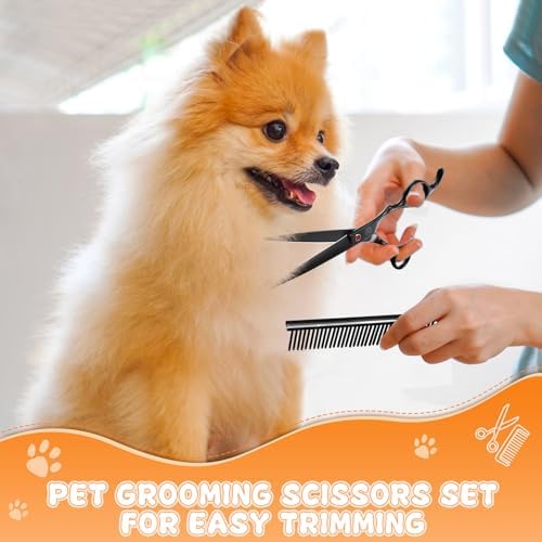 Moontay Professional Dog Grooming Scissors Set, 7/8 Inch Curved & Thinning Shears with Grooming Comb