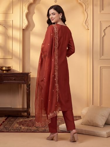 Image of INDO ERA Women's Silk Blend Floral Embroidered Thread Work Kurta & Pant with Dupatta Set (IEBBAI438)