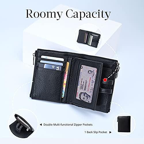 Bveyzi Small Soft Leather Wallet For Women Rfid Blocking Ladies Card Holder With Double Zipper Pocket (Black) #TOP2