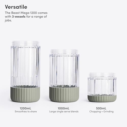 Beast Mega 1200 Plus | Premium Countertop Blender | Smoothies, Shakes, Sauces, Dips, Soups | Blends Ice and Frozen Fruit | XL Vessel | With Extra Vessels, Straw System | 1200W | (Sage, 120V) image 6