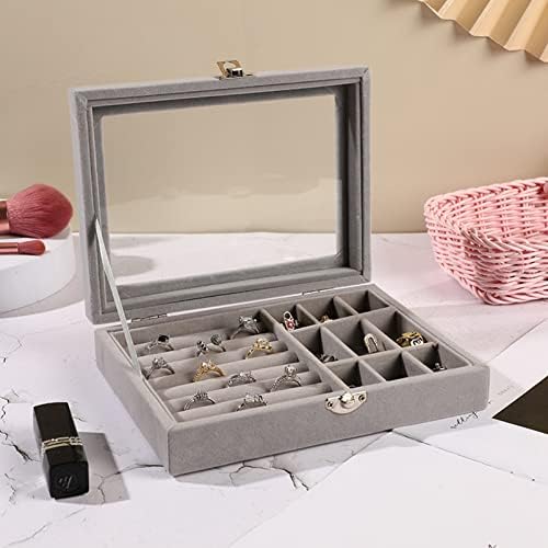 Velvet Jewelry Box, Ring Display Box Earrings Organiser Storage Tray Case with Clear Lid Lockable Jewellery Showcase Box
