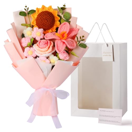 Crochet Flower Bouquet, Handmade Knitted Flowers, Crochet Sunflower Bouquet for Birthday Party Wedding Anniversary Mother's Day Graduation Gifts(Pink)