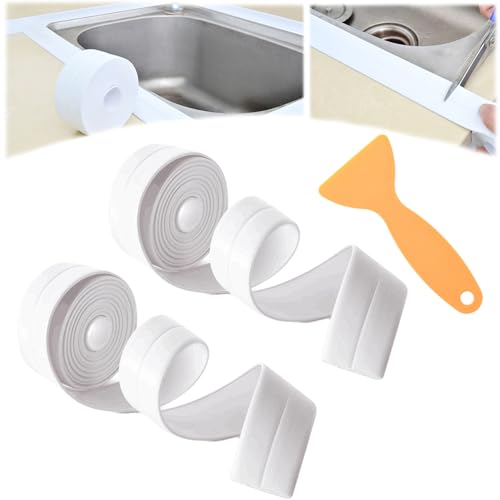 Snrtevu Magic Peel & Stick Self Adhesive Caulk Tape Strip, Magic Peel and Stick Caulk, Caulk Tape Waterproof Self Adhesive, Bath Sealant Strip for Decorating Kitchen, Bathroom, Toilet (2PCS WHITE)