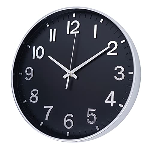 Image of HZDHCLH Modern Wall Clocks Battery Operated,12 inch Silent Non Ticking Round Clock for Wall,Wall Clock for Kitchen Bedroom Living Room Office Classroom Decor (Black and Silver)