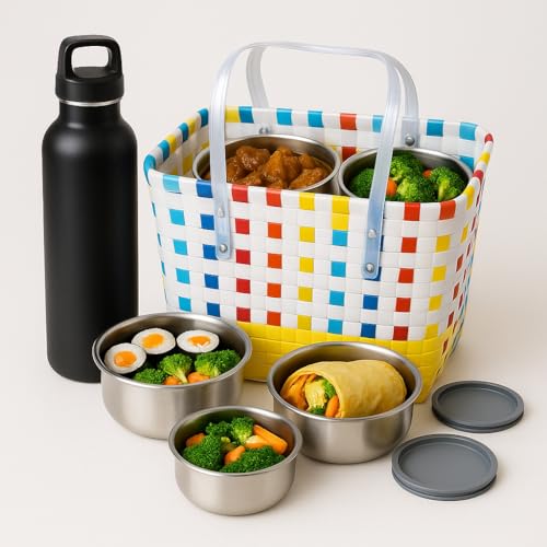Image of Hand Made Multipurpose Plastic Basket with Lid | Eco-Friendly, Washable, Rust-Free Storage Basket for Kitchen, Picnic, Toys, Travel, Office | Lightweight basket (White with Orange, M)